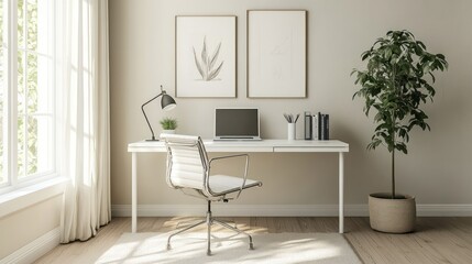 A neat work desk with a minimalist and simple concept with a computer and green plants