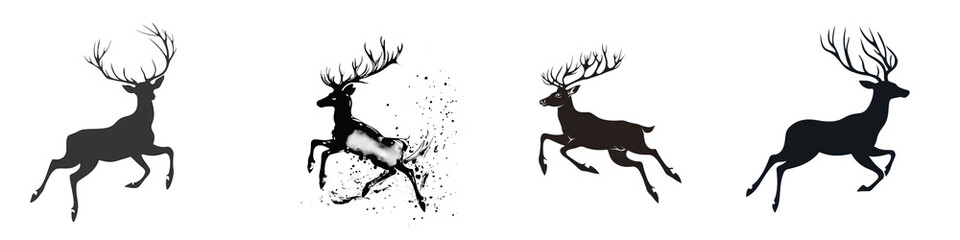 Obraz premium Dramatic Deer Silhouette Jumping and Running in Black and White Stylized Minimalist of a Stag Leaping in the Forest with Antlers Contrasted Against a Stark Background
