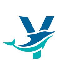 a logo combination of dolphins with letters, initials, numbers or alphabets with a blue base color for business purpose and other