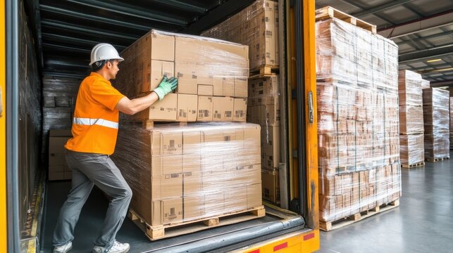 Truck driver unloading cargo from a semi-truck at a distribution hub, teamwork, realistic detail