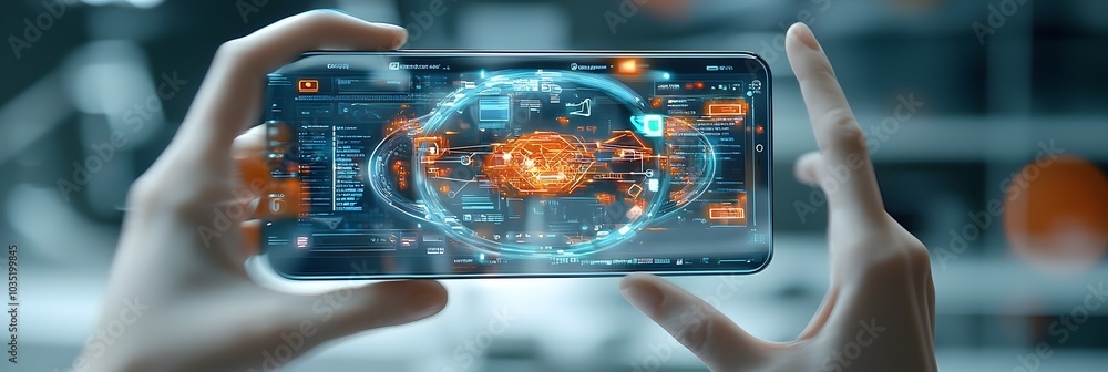 Poster Innovative Smartphone with Cutting Edge Holographic 3D Interface Displaying Interactive Futuristic Apps Showcasing the Future of Mobile Technology and User Experience