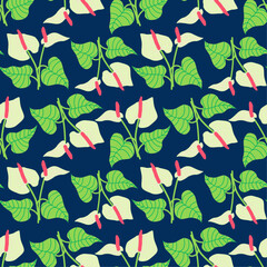 Seamless tropical pattern featuring various anthurium flowers and leaves. Geometrical background pattern. This botanical texture design suits prints, wall art, wallpaper, textiles, and wrapping paper