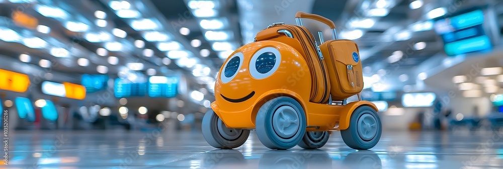 Aufkleber luggage trolley in an empty airport terminal with blurred background lights depicting a minimalist a