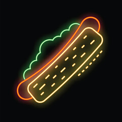 Neon sign of a hot dog with mustard glowing on a black background