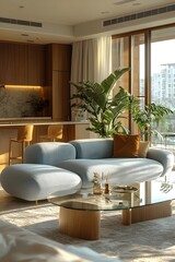 A modern living room with a light blue sofa and a glass coffee table. The room is bathed in natural light, creating a warm and inviting atmosphere.