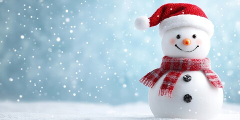 Cheerful Snowman with Santa Hat in Winter Wonderland