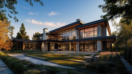 A modern luxury home with sleek architecture, large glass windows, and a beautiful garden, symbolizing high market value and profitable investment