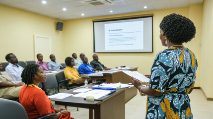 Black woman leading a business meeting in conference room