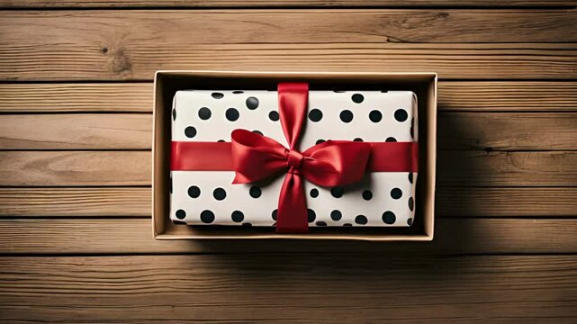 A recording showcasing a gift package with polka dot wrapping positioned on a rustic wooden table