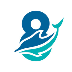 a logo combination of dolphins with letters, initials, numbers or alphabets with a blue base color for business purpose and other