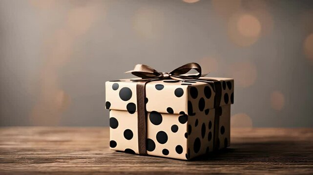 A visual representation of a gift box wrapped in polka dots, resting on a wooden tabletop