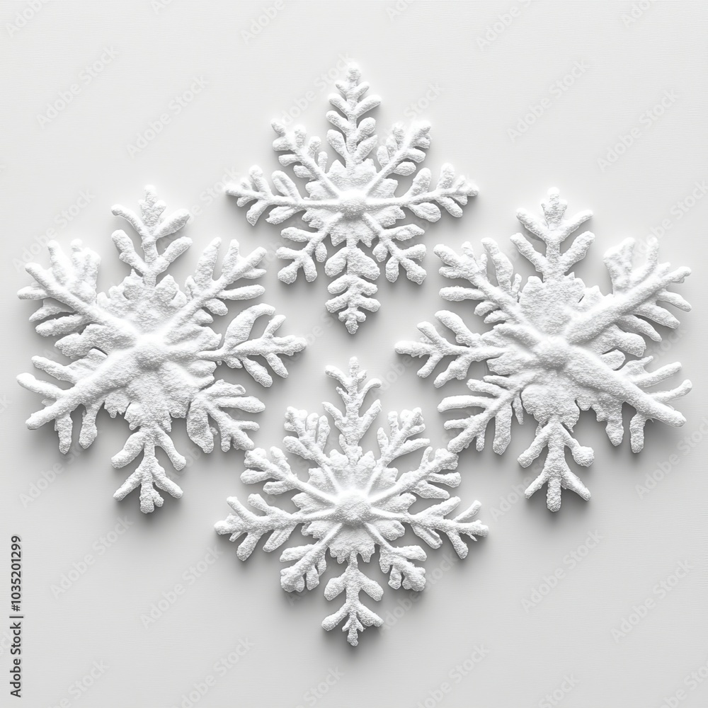 Poster isolated snowflakes isolated on white background with complex detail and ornate shapes. macro photo 
