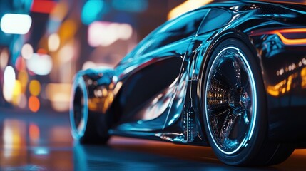 Futuristic Electric Sports Car in Vibrant Urban Setting with Neon Lights and Reflective Surfaces