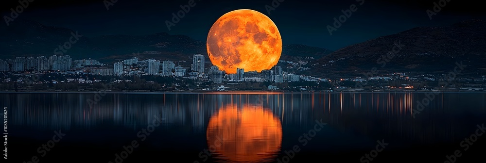 Aufkleber mesmerizing reflection of the full moon shimmering on the tranquil surface of a lake surrounded by t