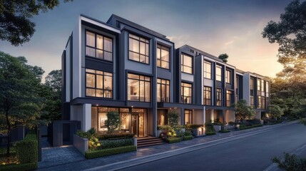 Fototapeta premium A contemporary townhouse with sleek design and premilum location, symbolizing a profitable real estate opportunity with excellent sales potentia