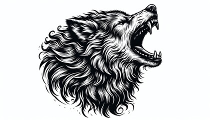Obraz premium fierce howling wolf growling with bared teeth. Tattoo design. Strength and wild nature sketch engraving.
