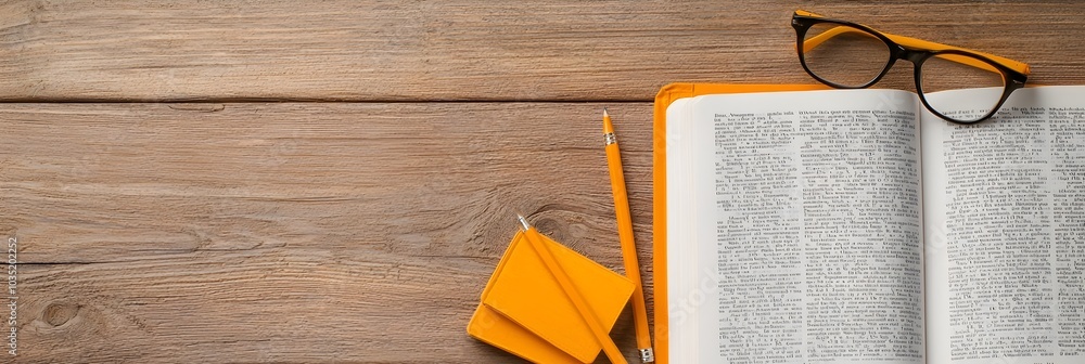 Poster open textbook placed on a wooden desk accompanied by a pencil and a pair of glasses creating a simpl