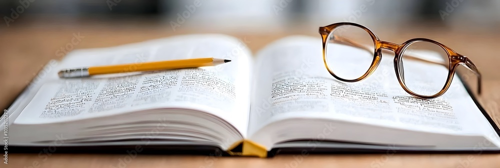 Poster open textbook resting on a wooden desk with a pencil and pair of glasses placed beside it creating a