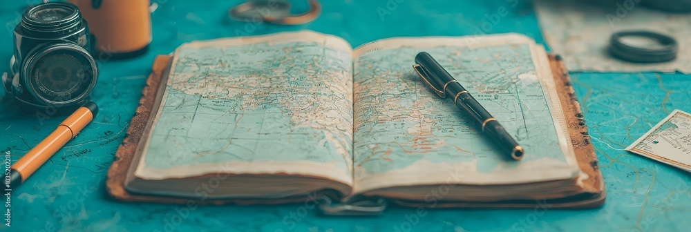 Poster open travel journal on a cafe table with scattered maps pens and other planning materials representi