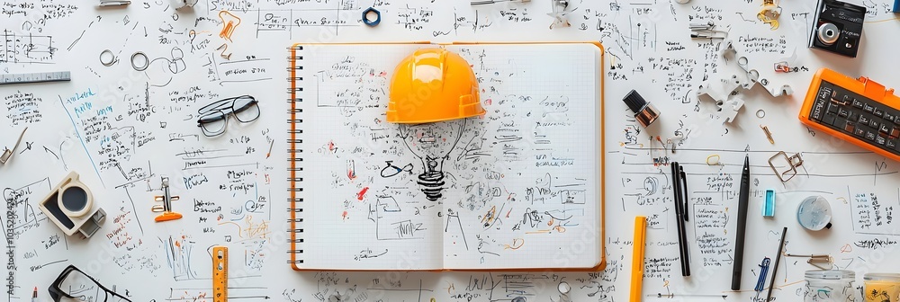 Aufkleber overhead view of an organized notebook with handwritten notes scattered pens rulers and other writin