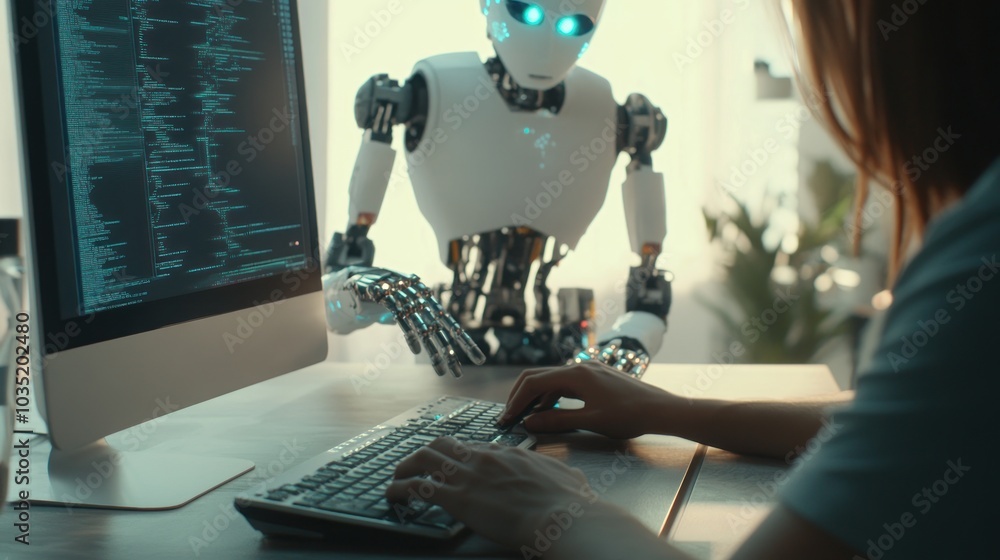 Poster human and robot collaborating on code