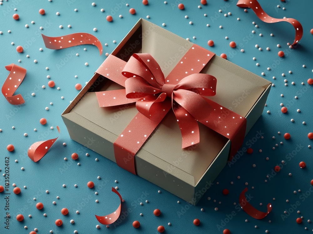 Poster the present box has been opened with a red ribbon and bow isolated on a green blue pastel color back