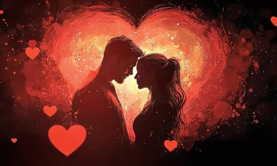 silhouette of a couple standing in front of a heart shaped background with red sparks and hearts flying around - Powered by Adobe