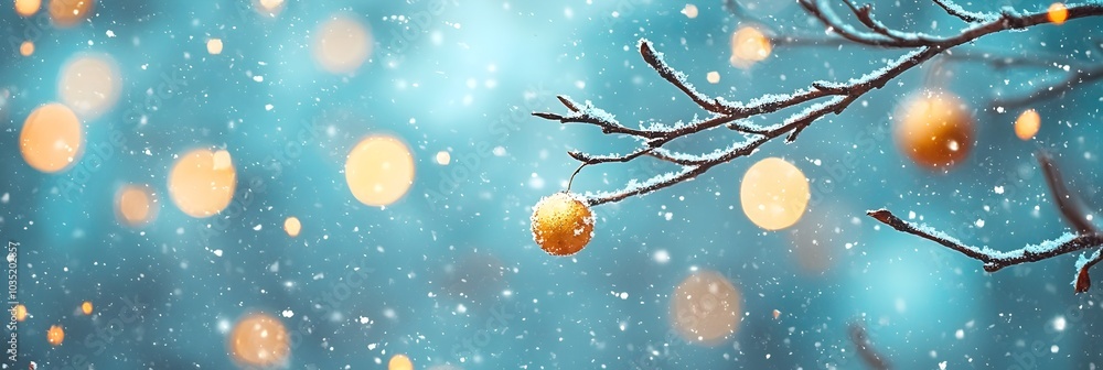 Poster Peaceful and serene winter landscape with snow covered tree branches creating a magical tranquil winter wonderland scene  Delicate snowflakes falling gently blanketing the trees in a pristine