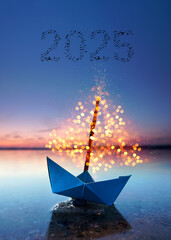 amazing bright shining paper boat on the sea with lantern sails and flying birds in shape of 2025