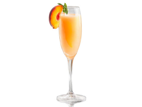 A slender glass flute with a bellini of peach and prosecco its peach hues glowing