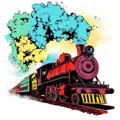 Artistic Steam Train in Vibrant Pop Art Colors, Creative Illustration for Vintage Transportation Theme, Cutout, Isolated on Transparent PNG/White Background.