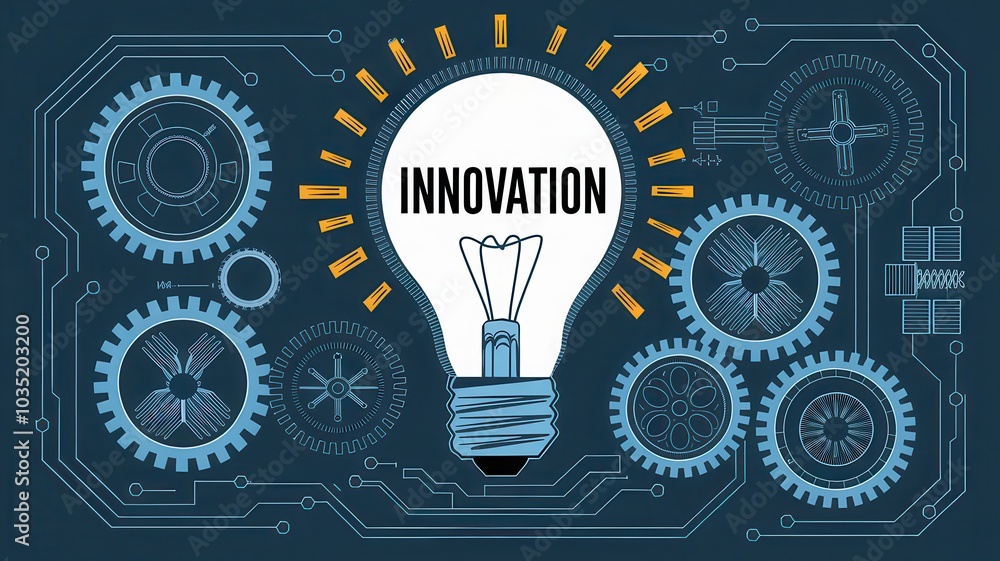 Poster innovative technology concept with gears cogs and a lightbulb symbolizing engineering creativity and