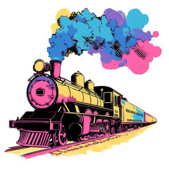 Colorful Steam Train in Pop Art Style, Vibrant Illustration of Vintage Locomotive with Bold Colors, Cutout, Isolated on Transparent PNG/White Background.