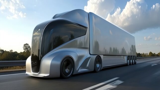 Autonomous delivery truck on a highway, futuristic logistics technology, sleek design - Powered by Adobe