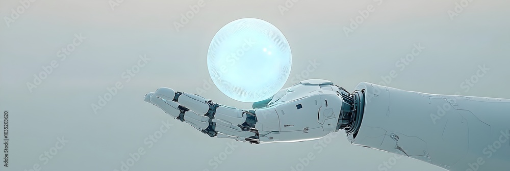 Poster Robotic hand holding a glowing sphere representing the power and potential of intelligence technology  The image conveys a futuristic high tech concept with elements of innovation