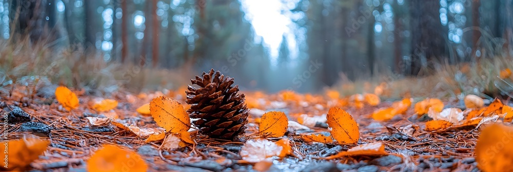Aufkleber scattered pinecones and fallen leaves along a serene forest trail in the autumn season the natural t
