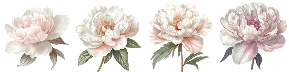 Elegant and delicate peony flowers in soft pink and white hues blooming beautifully in a spring or summer garden  These romantic floral blossoms make a lovely bouquet decor