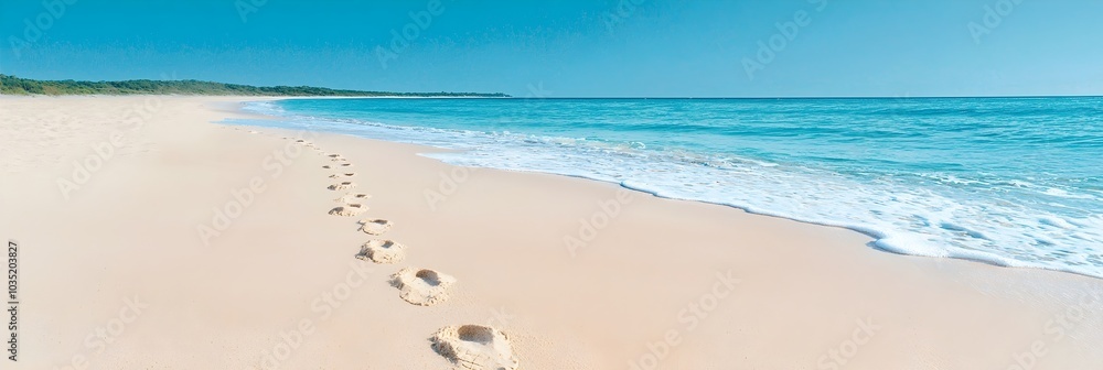 Poster secluded and tranquil beach scene with rolling waves gently lapping at the shoreline leaving behind 