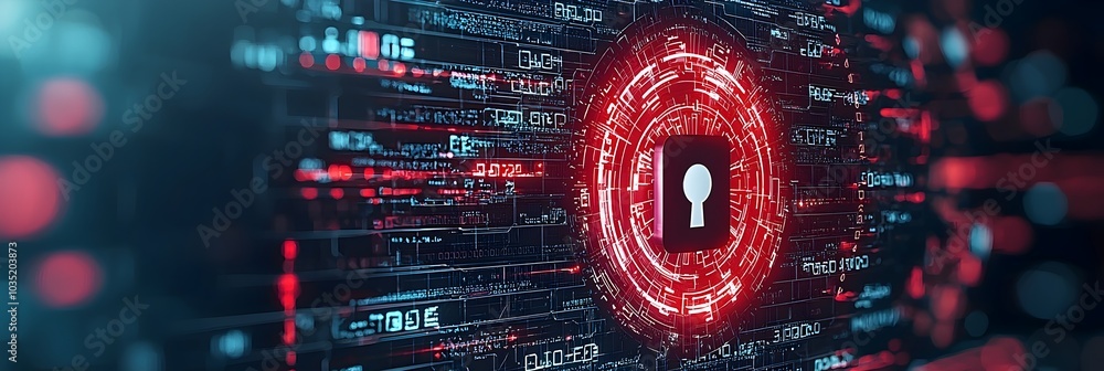 Leinwandbilder Secure Digital Lock Symbol Surrounded by Encrypted Data Patterns Representing Cybersecurity Information Protection and Access Control Technology