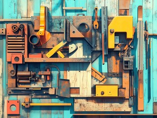 Fototapeta premium Vintage tools arranged on a colorful wooden background, creating an industrial aesthetic.
