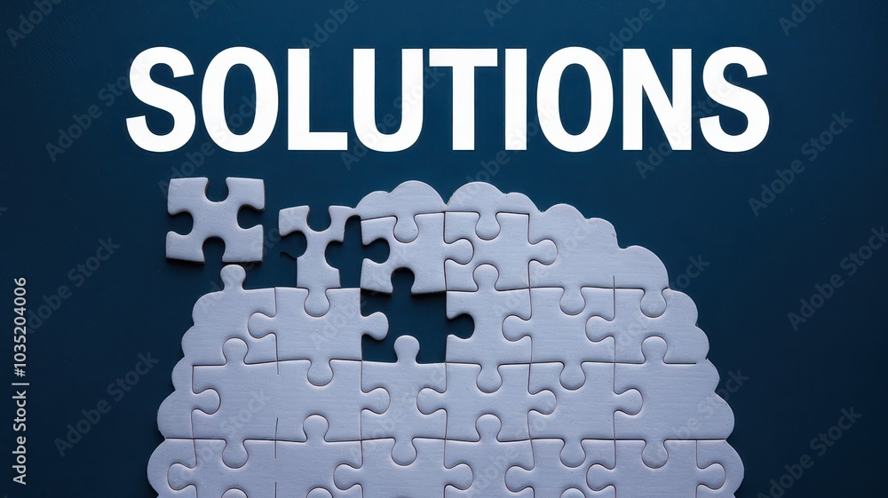 Poster solving a complex business challenge with strategic solutions connecting puzzle pieces of innovation