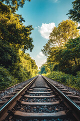 Fototapeta premium Railway tracks stretching into the distance, surrounded by lush green trees and clear blue sky, creating depth and perspective in a serene natural landscape.