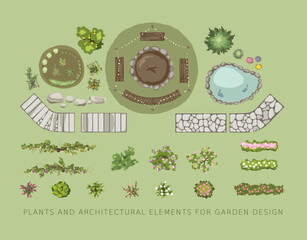 Plants and architectural elements for garden design. Set of vector illustrations of trees, bushes, paths, garden beds, fire pit and flowers for landscape design or plot plan. Top view.