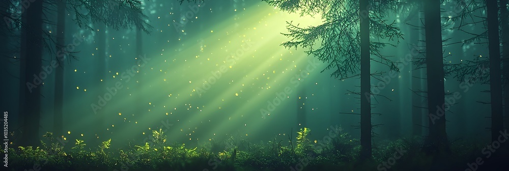 Poster soft dappled sunlight filtering through the dense canopy of a lush verdant forest casting a peaceful
