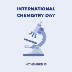Square cute banner for International Chemistry Day at 15th of November with cartoon microscope clipart. Minimalistic science holiday concept for poster, background template for website, social media.