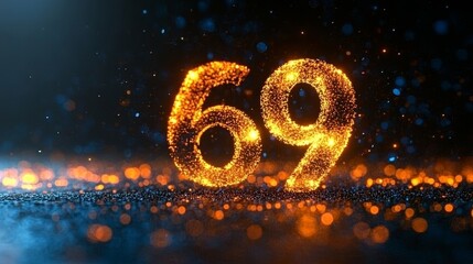 Sparkling Golden Number 69 Floating On Shimmering Glitter Against a Dark Background, Digital Art.