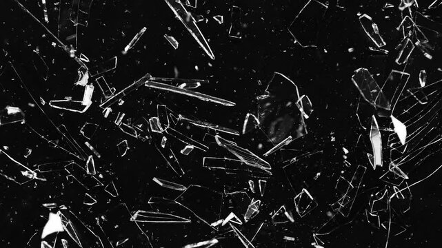 Super Slow Motion of Shattered Glass Isolated on Black Background. Glass Broken into Pieces. Filmed on High Speed Cinema Camera, 1000 fps.