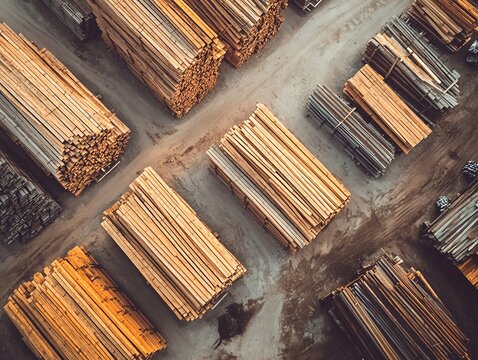 Aerial view of stacked timber in a lumber yard.