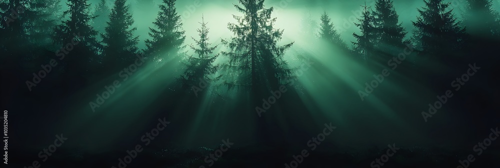 Poster soft warm sunlight filters through the dense forest canopy casting a gentle dappled pattern of shado