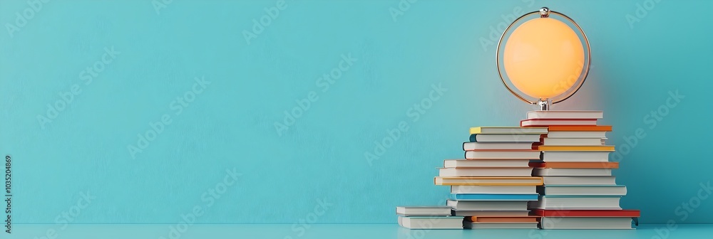 Poster stacked colorful books with a glowing desk lamp in the background depicting an inspiring and cozy ac
